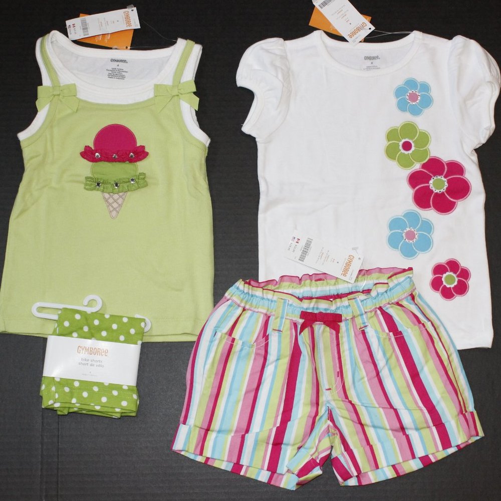 NWT Gymboree size 4 layered tank top bike shorts tee shirt Ice Cream 4-pc set